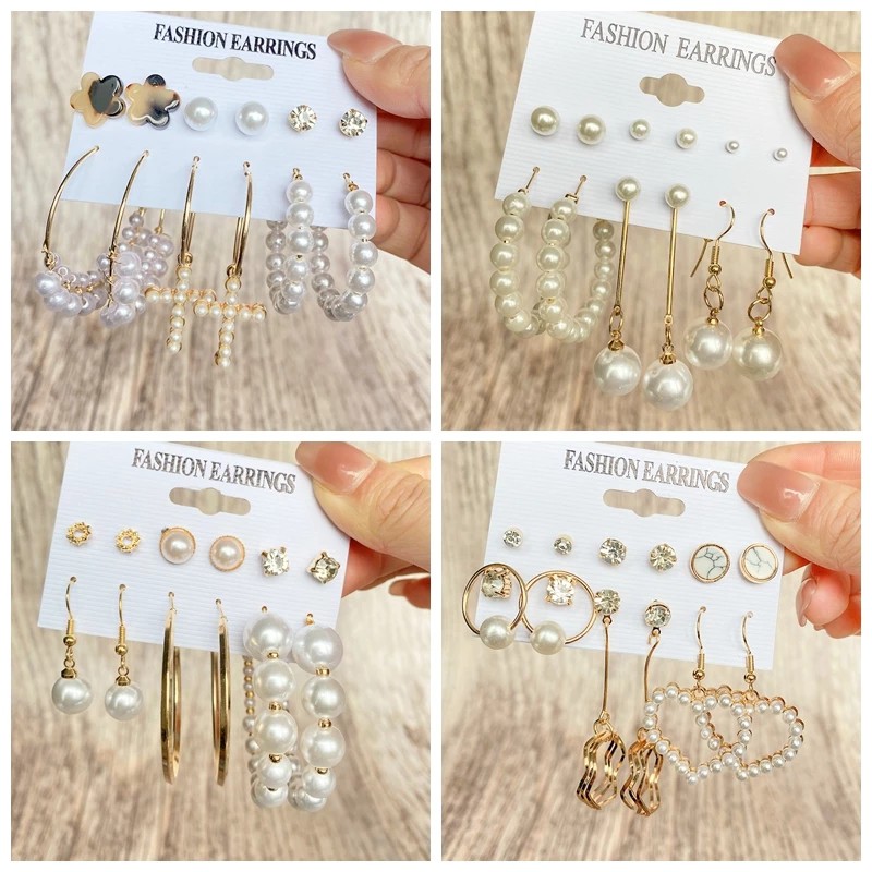 Set khuyên tai AY dạng xỏ bươm bướm hạt ngọc trai nhân tạo phong cách Hàn Quốc retro thanh lịch cho nữ