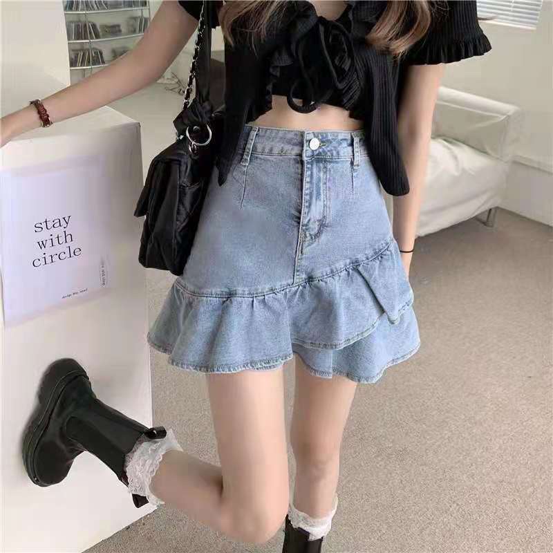 Chân váy jean Lưng Cao Phối Bèo Phong Cách Vintage Cho Nữ