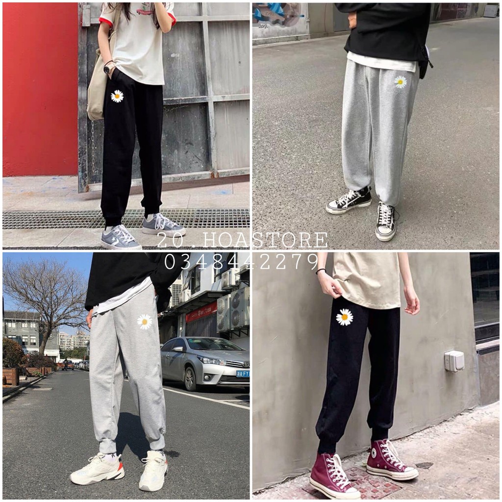 QUẦN JOGGER NAM NỮ HOA CÚC HÀN QUỐC HOT - QUẦN BOOM THỤNG THÊU HOA XÁM ĐEN