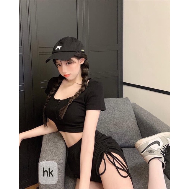 Sét áo croptop gân tay ngắn + quần lưng thun rút dây đùi