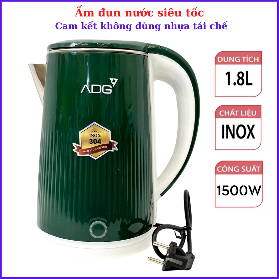 Ấm siêu tốc, ấm đun nước inox hàng chính hãng ADG Việt Nam 1.8 Lít 2 lớp - Đun sôi cực nhanh