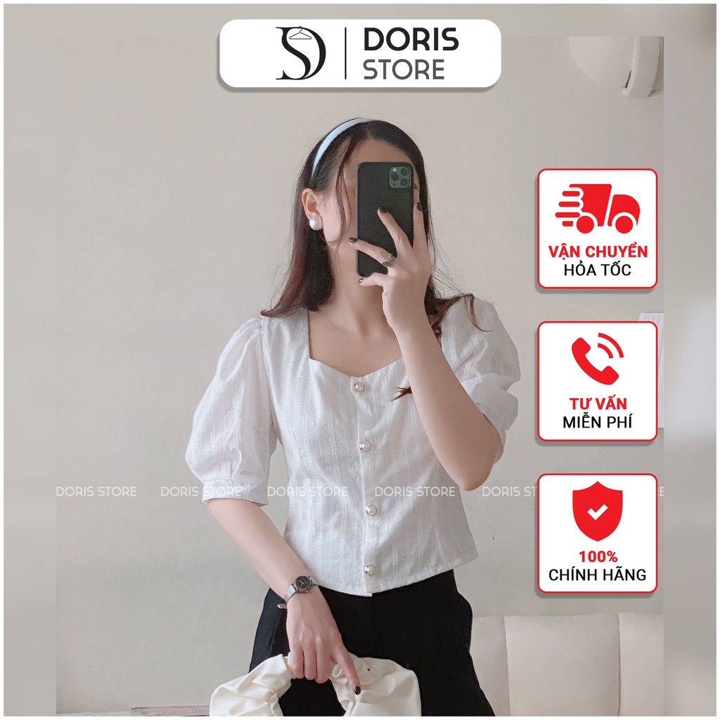 Áo cổ vuông ngắn tay DORIS thiết kế dáng lửng cổ vuông phối cúc ngọc sành điệu trẻ trung thanh lịch A1787