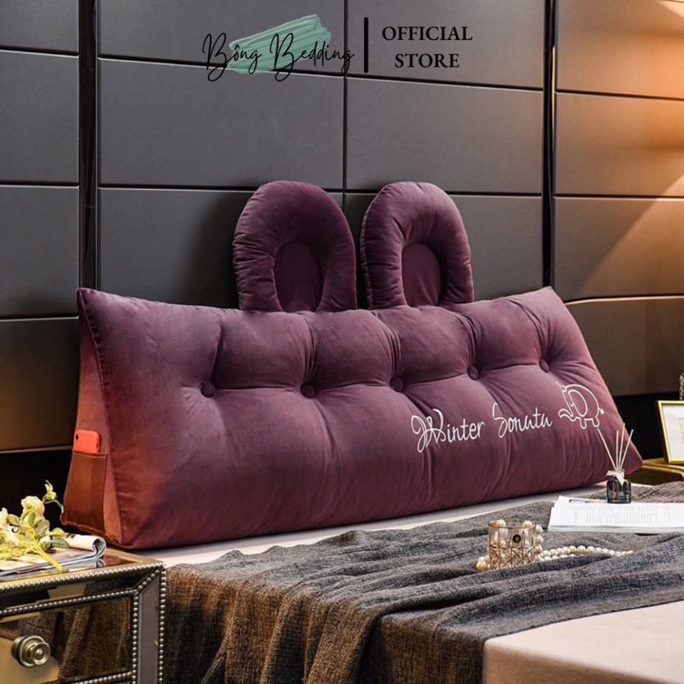 Gối Tựa Đầu Giường HIN BEDDING Mẫu Tai Gấu Đính Khuy Bọc Nỉ Cao Cấp Hàng Có Sẵn Kích Thước 1m5 và 1m8 cao 55cm