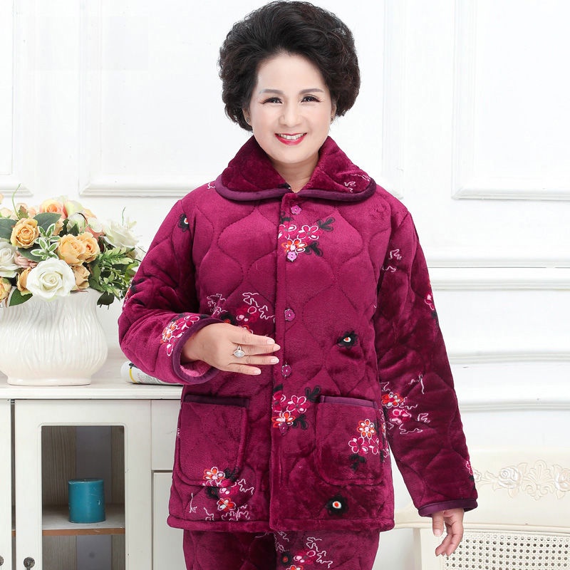 Bộ đồ ngủ mặc nhà mùa thu và đông của mẹ dành cho phụ nữ trung niên người già cộng với size phục vụ tại