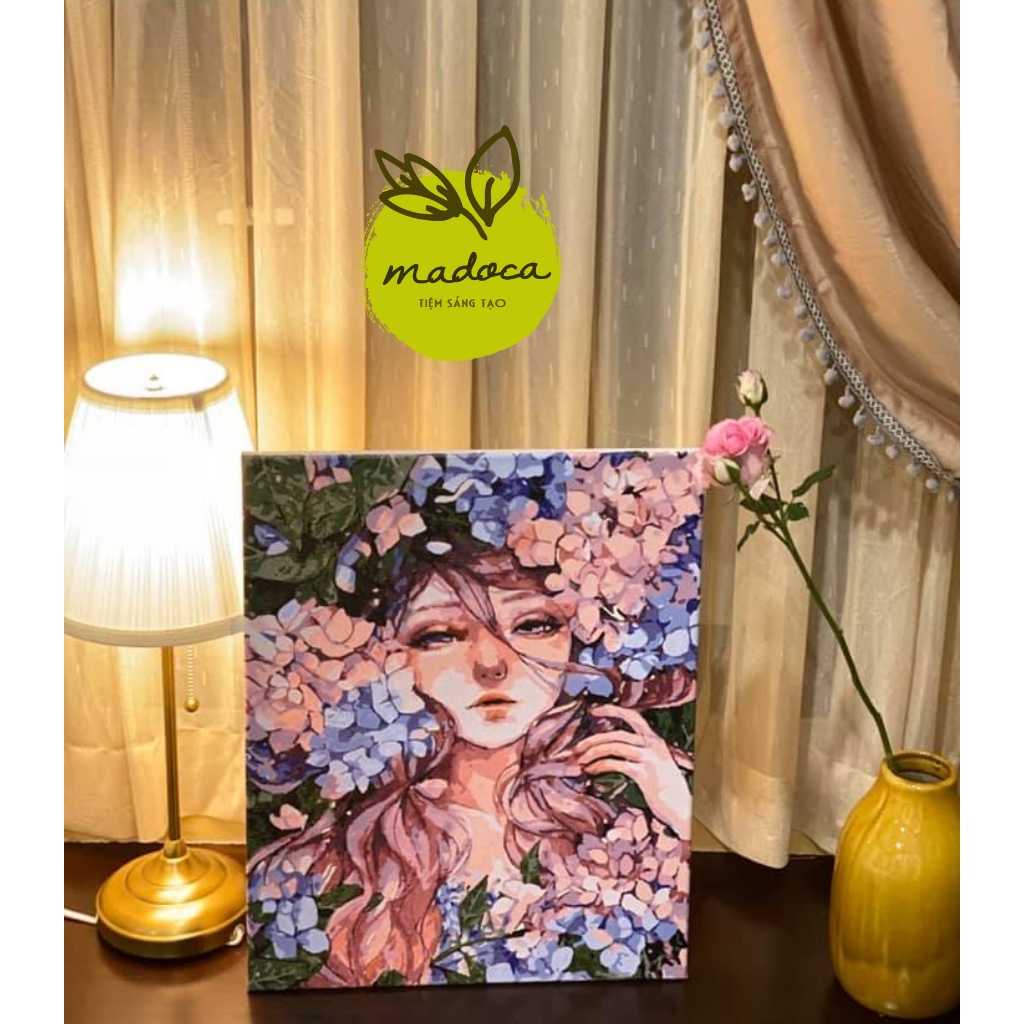 Tranh tô màu số hóa Madoca có khung 40x50cm nàng thơ cẩm tú cầu T350