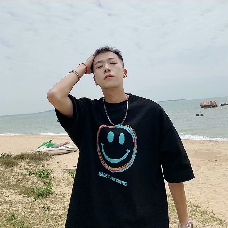 Áo thun tay ngắn dáng rộng in hình mặt cười thời trang phong cách Hàn Quốc cho nam size M-5XL
