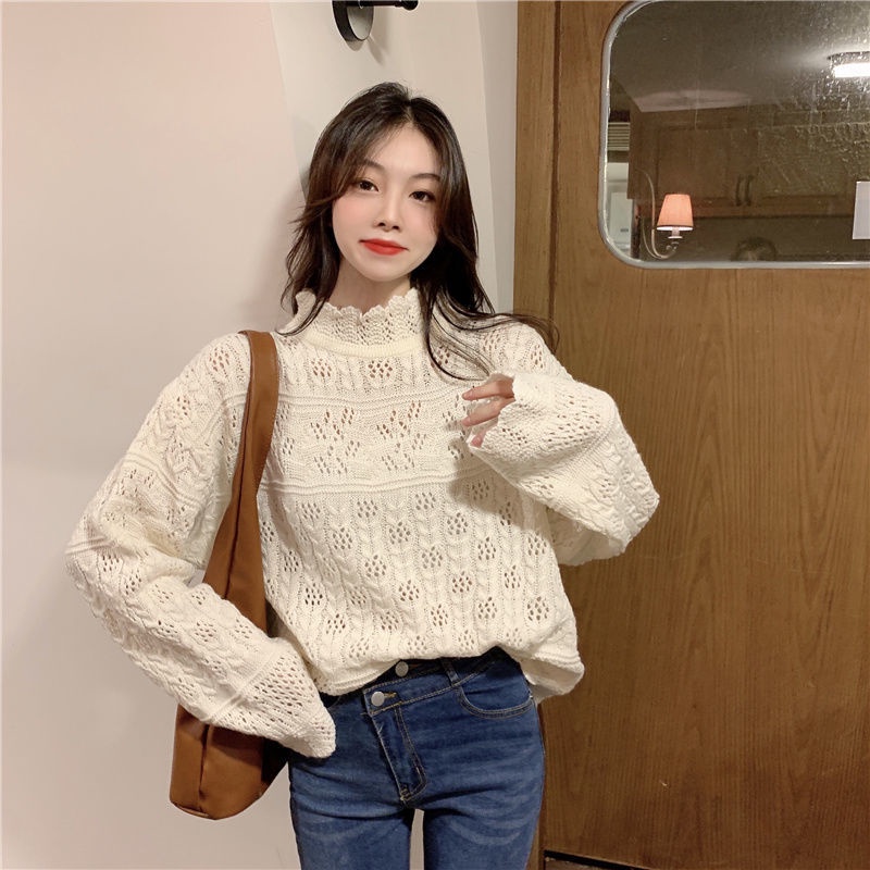 Áo dệt kim cổ cao tay dài dáng rộng thiết kế mới cho nữ