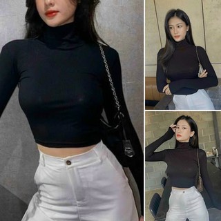 Áo Croptop Cổ Lọ Tay Dài Kiểu Dáng Thanh Lịch Màu Trắng Đen Chất Lụa Mịn Mát