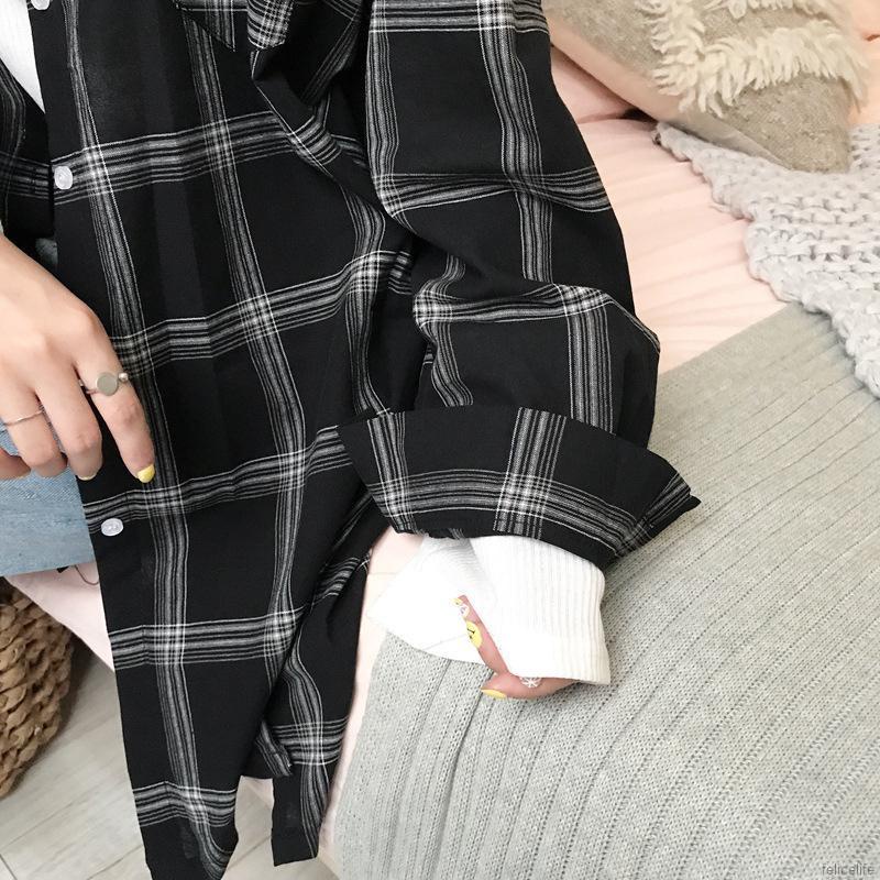 Áo Sơ Mi Nữ Tay Dài Dáng Rộng Có Túi Họa Tiết Caro