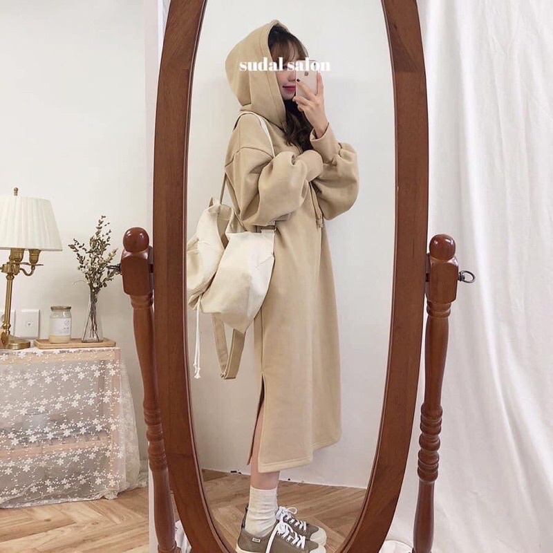 Áo váy Đầm hoodie dáng dài xẻ tà lót bông dày dặn váy suông bầu thu đông | BigBuy360 - bigbuy360.vn