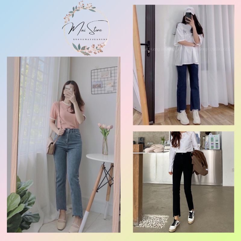 Quần bò jean nữ ống suông đứng cạp cao trơn nhạt túi nhọn nhạt màu xanh nhạt MaiStore