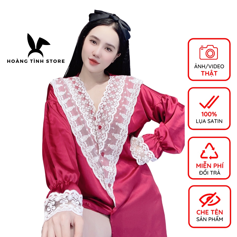 Váy ngủ lụa dài tay mặc nhà dễ thương Hoàng Tình Store đầm ngủ tiểu thư phối ren cổ chữ V Freesize