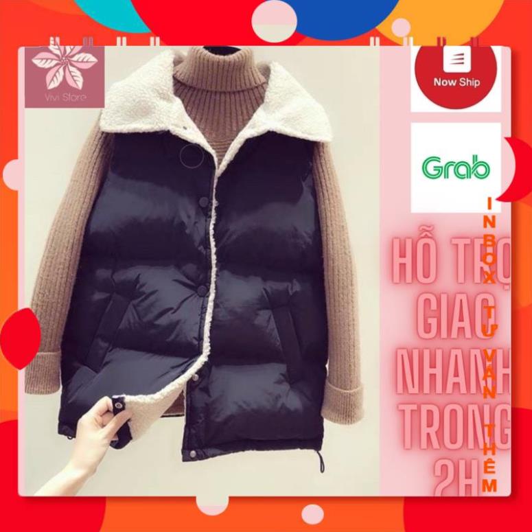 Sẵn hàng áo phao gile nữ cổ lông cài cúc bấm dây rút bo gấu shopledap