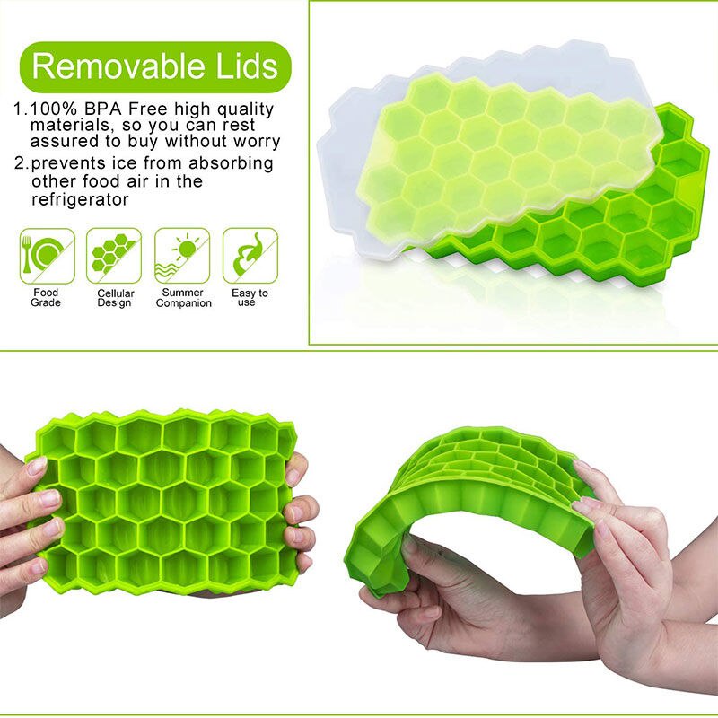 Khay Làm Đá Viên Hình Tổ Ong Bằng Silicone Cấp Thực Phẩm Có Thể Tháo Rời Kèm Nắp Đậy Cho Nhà Bếp