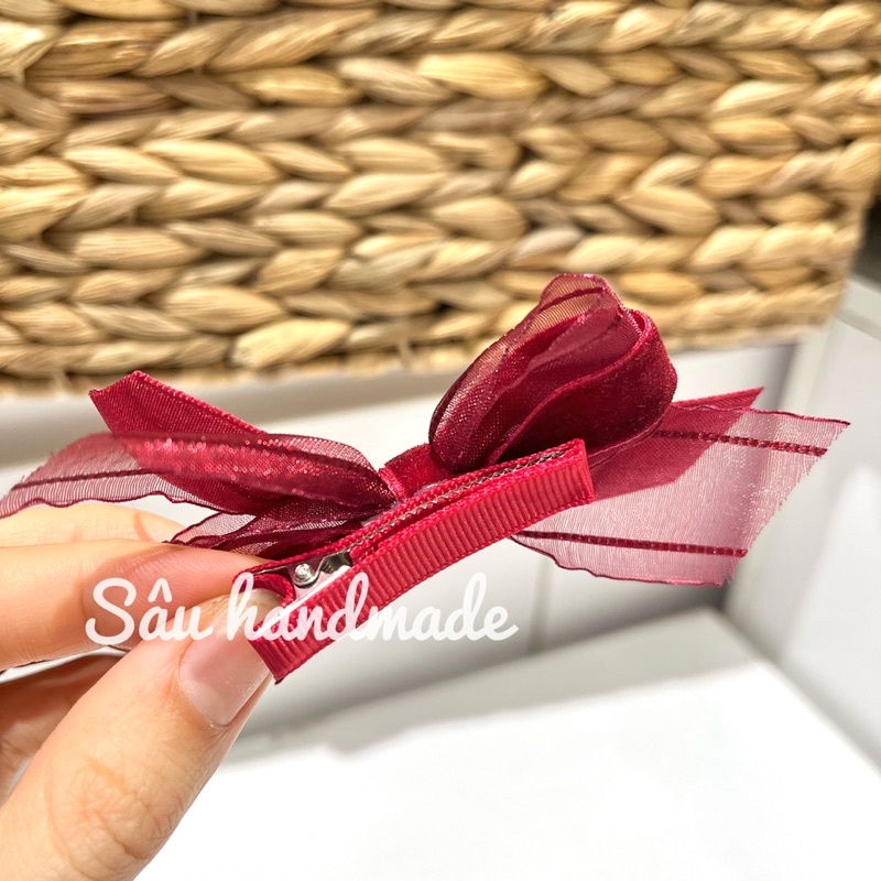 Kẹp tóc nơ ren nhung handmade cho bé