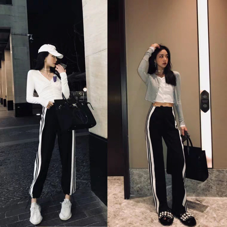 QUẦN JOGGER ĐEN ỐNG SUÔNG 4 SỌC VIỀN TRẮNG MẶC 2 KIỂU CHẤT THUN ULZZANG