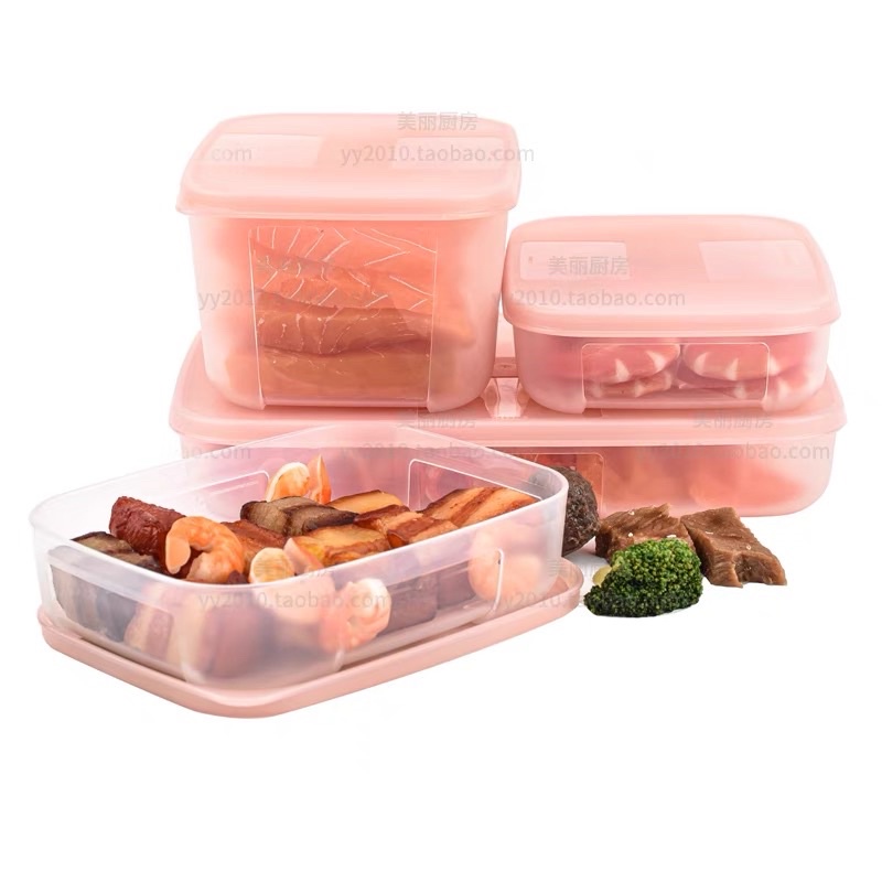 Set 4 Hộp Đông Tupperware Mix Size Nắp Màu Cam Đào Pastel - Chuyên Đựng Thực Phẩm Thịt Cá Đồ Ăn Dặm
