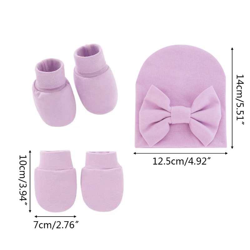 Bộ Găng Tay + Mũ + Găng Tay + Găng Tay Cotton Mềm Mại Chống Trầy Đính Nơ Xinh Xắn Cho Bé Sơ Sinh