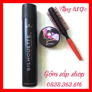 Combo gôm xịt tóc silhouette 420ml +sáp vuốt tóc nam volcanic clay tặng lược