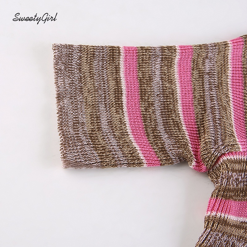 Áo Croptop Cổ Chữ U Tay Ngắn Họa Tiết Kẻ Sọc Màu Sắc Tương Phản Thời Trang Dành Cho Nữ 2022