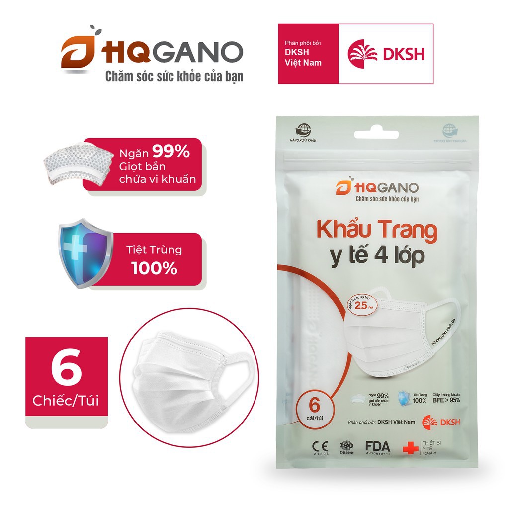 Khẩu Trang Y Tế Màu Trắng 4 Lớp HQGANO ( Túi 6 cái)