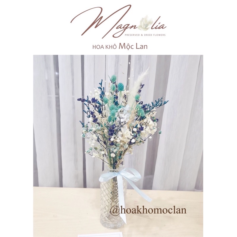 Set lọ thuỷ tinh và hoa khô vân kim cương trang trí để bàn làm việc, decor phòng ngủ