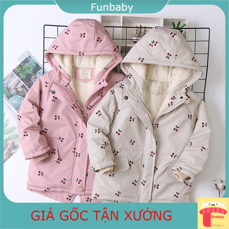 Áo khoác bé gái 4-14 tuổi hình quả chery bên trong lót lông, Áo Parka cho bé nữ hàng xuất khẩu xịn sò