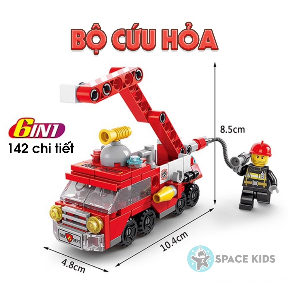 Đồ chơi mô hình lắp ráp 6 trong 1 xe Cứu hỏa 142 chi tiết cho bé lắp ráp mô hình 3D