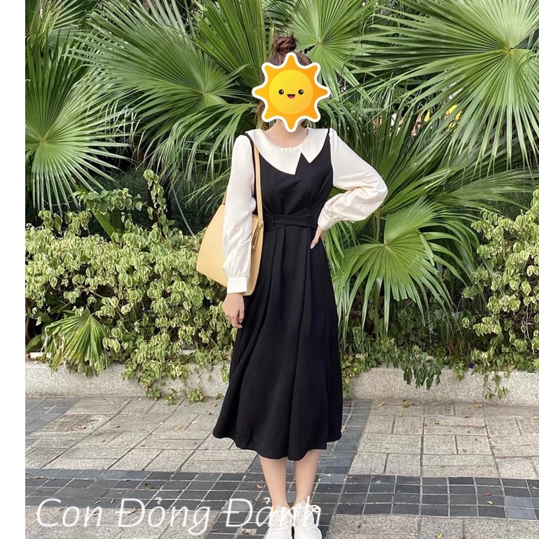 Váy vitage sơ mi dài tay mùa thu phối 2 màu tiểu thư kiểu Pháp con đỏng đảnh VD017 ảnh thật