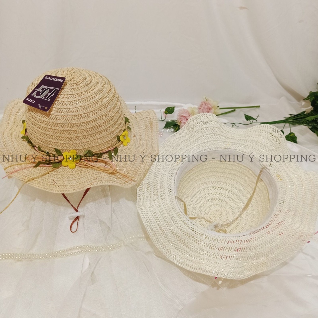 Nón mũ cói mềm vành lượn sóng hoa lá tiểu thư xinh cho bé gái có dây rút điều chỉnh,trên 4 tuổi vừa-q12 sóng bé
