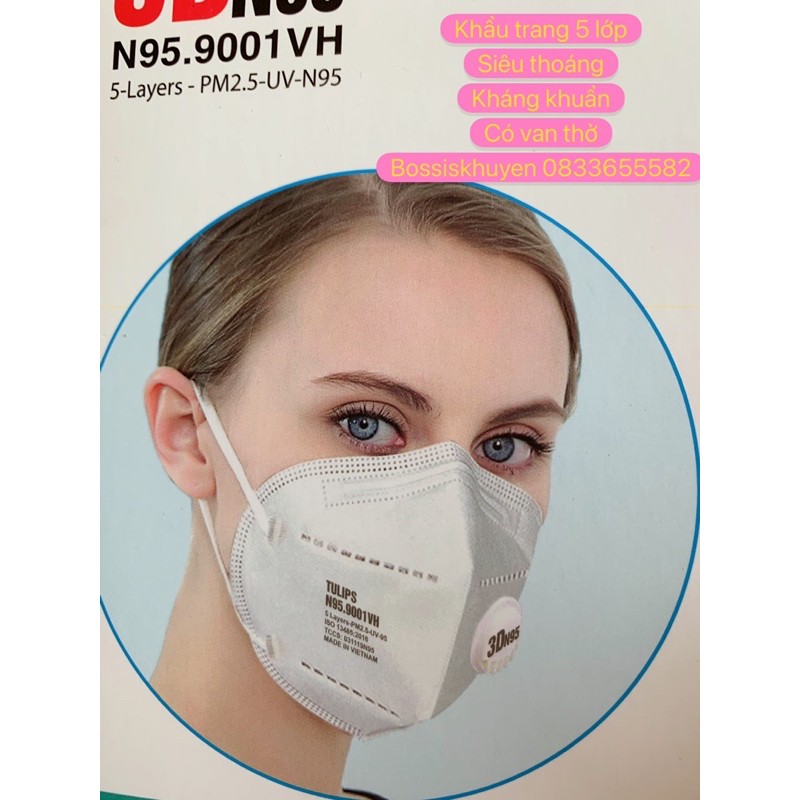 Khẩu Trang 5 lớp Tulips 3D N95 giặt dùng được nhiều lần, Lọc Bụi Siêu Mịn PM2.5 Có Van Thở,ami