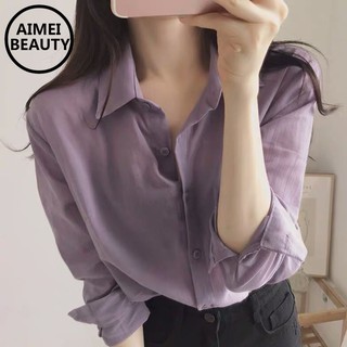 Áo Sơ Mi Vải Voan Tay Dài Màu Tím Phong Cách Hàn Quốc