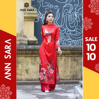 AG205 - Áo dài gấm đỏ hoa hải đường