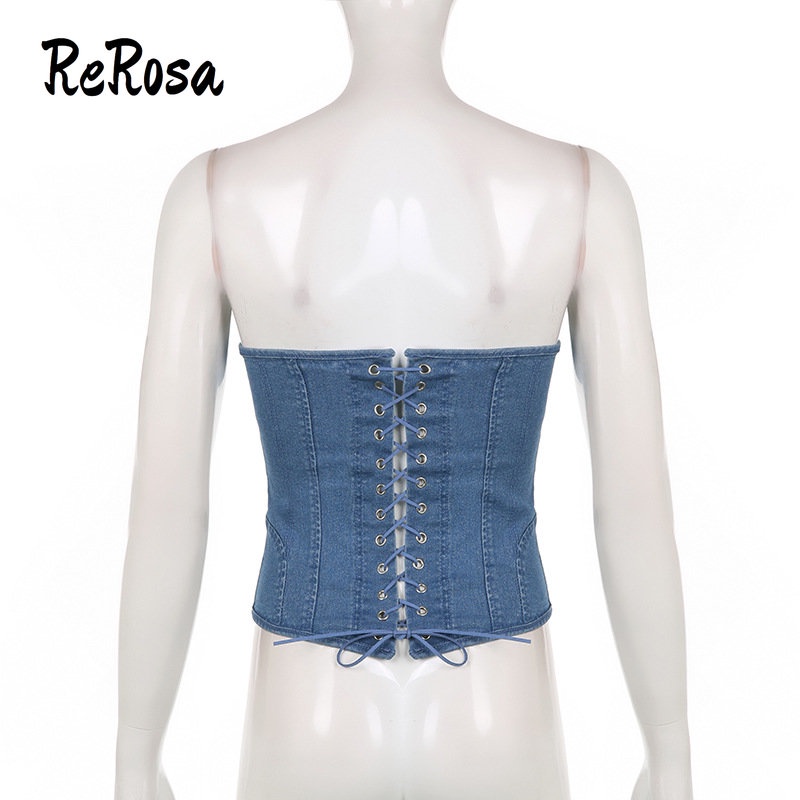 Rerosa Áo Denim Hai Dây Dáng Ôm Gợn Sóng Màu Trơn | BigBuy360 - bigbuy360.vn