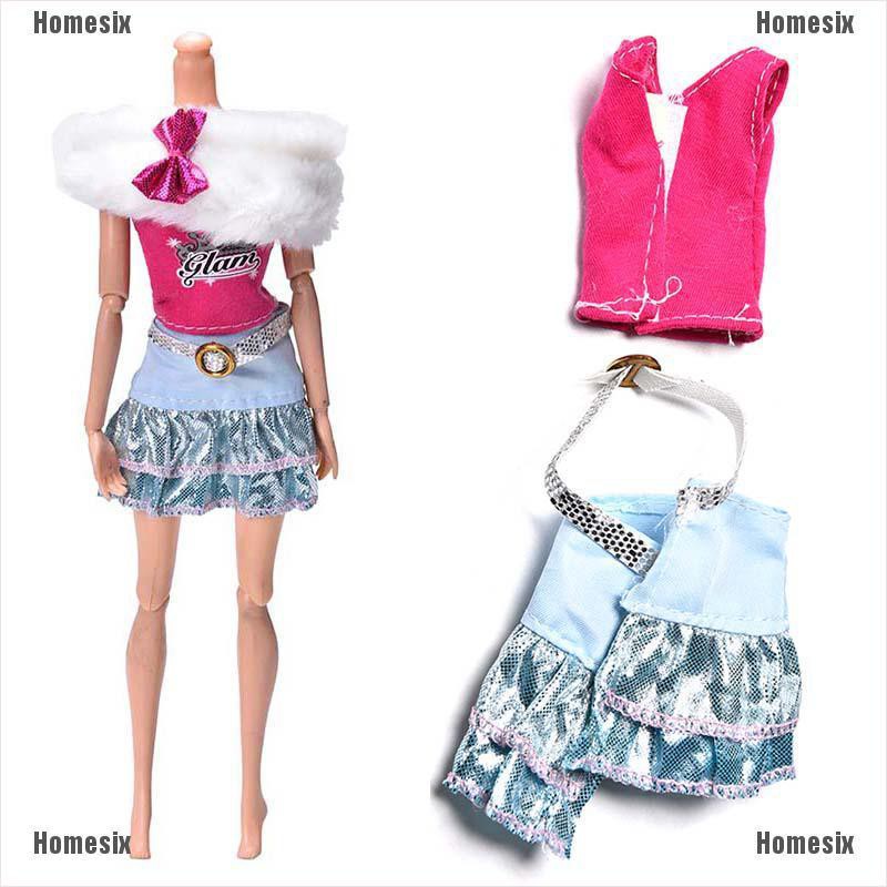 [HoMSI] 3 Pcs/Set White Fur Collar Skirt Suit for Barbie Dolls Pink Vest Fashion Clothes SUU