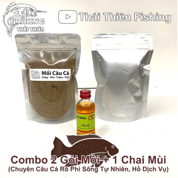 Combo 2 Gói Mồi Câu Cá Rô Phi, 1 Chai Tinh Mùi Thái Lan Dùng Câu Sông Tự Nhiên, Hồ Dịch Vụ