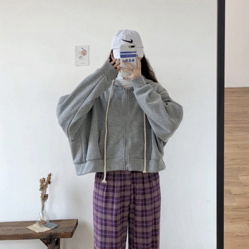 áo nỉ ngắn form rộng nữ, áo nỉ croptop tay dài phối nón (ulza1)
