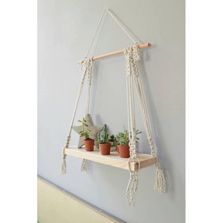 [CÓ SẴN] Kệ Gỗ Treo Tường Trang Trí Dây Thừng Macrame Nút Vuông Rustic Boho