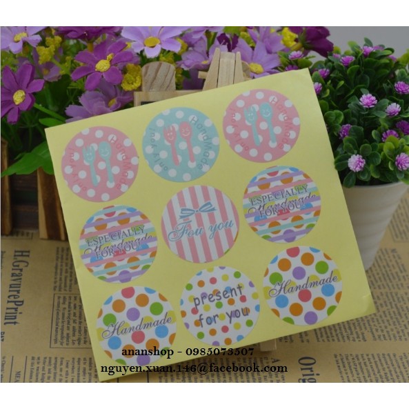 Set 5 tờ Tem Handmade tròn nhiều màu
