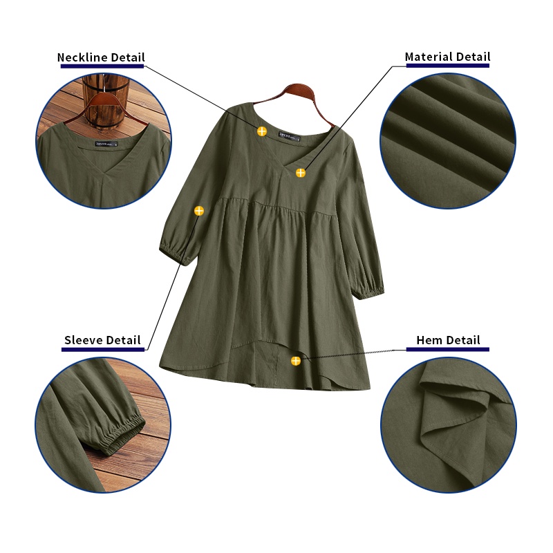 Áo ZANZEA tay phồng cổ chữ v màu trơn thời trang cho nữ