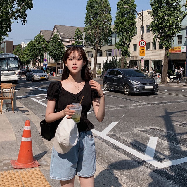 SUXI Áo Sơ Mi Tay Ngắn Cổ Chữ V Màu Sắc Đơn Giản Phong Cách Hàn Quốc