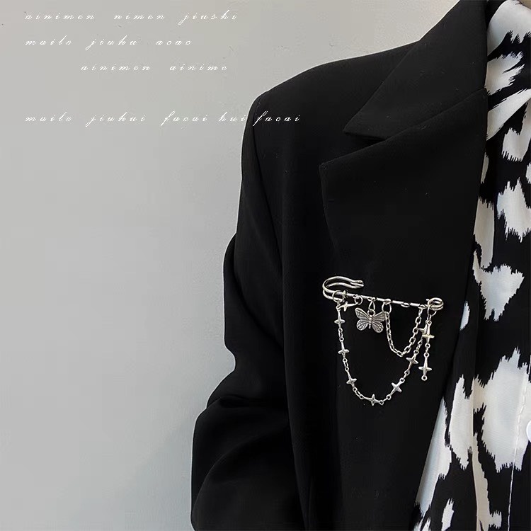 Ghim cài áo phong cách GOTHIC Ghim trang trí xích rơi hình Butterfly sang chảnh cài áo vest áo blazer