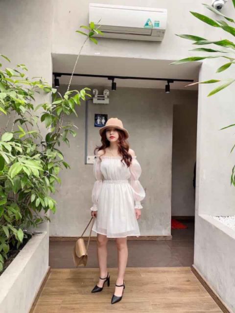 Đầm trắng tay phồng dạo phố siêu xinh dịu dàng Eo Thun Chỉ