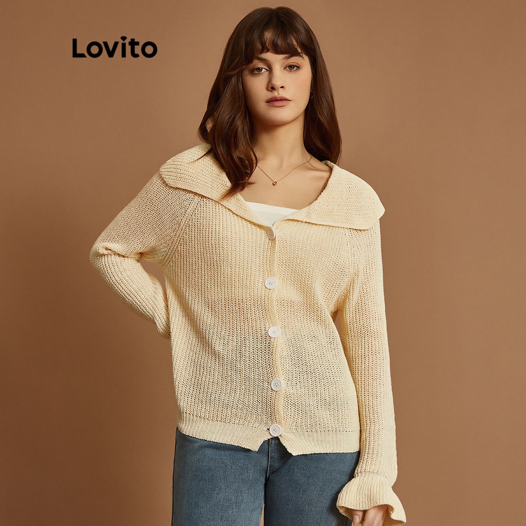 Áo len nữ Lovito Thác nước phía trước nút đồng bằng Bình thường L32UD013 (Quả mơi)