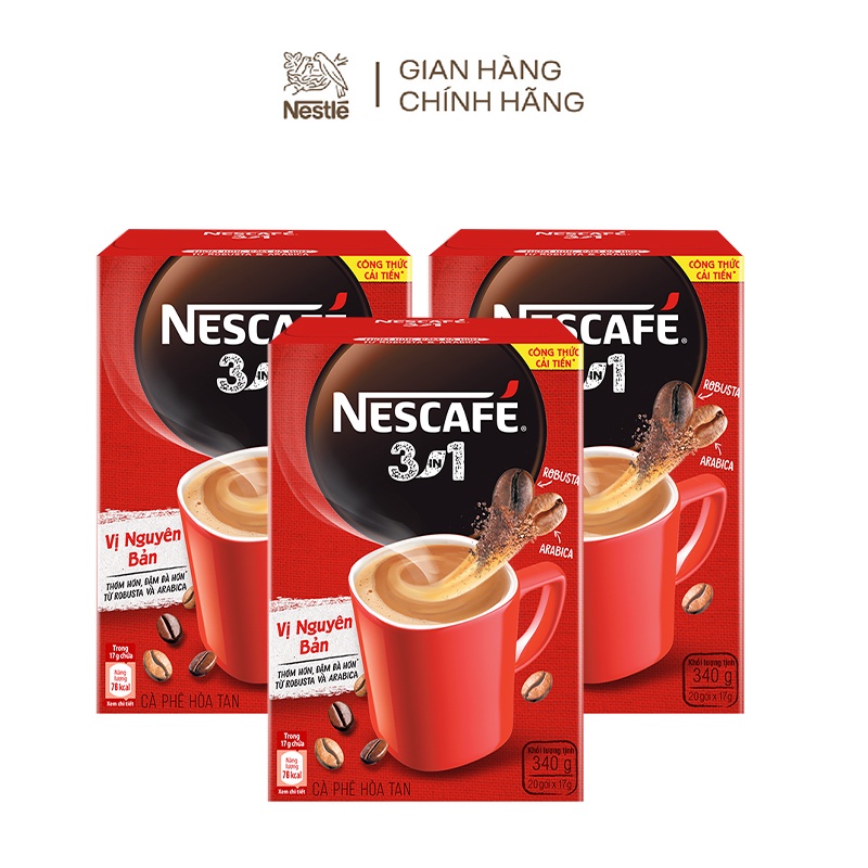 Combo 3 hộp cà phê hòa tan Nescafé 3in1 vị nguyên bản - công thức cải tiến (Hộp 20 gói x 17g)