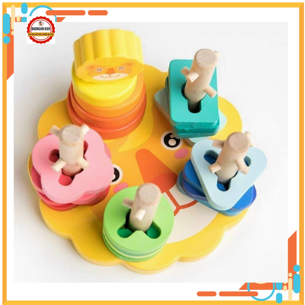 Combo Bộ Đồ Chơi Gỗ Thả Trụ 5 Cọc Hình Sư Tử,Hình Voi Giúp Bé Phát Triển Tư Duy Trí Tuệ