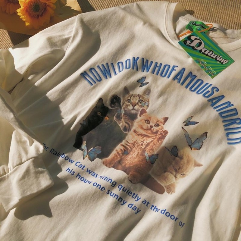 Áo Thun Nữ Tay Ngắn In Hình Mèo Phong Cách Retro
