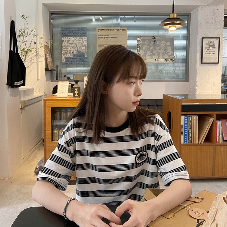 SUXI Áo Thun Ngắn Tay Cổ Tròn Họa Tiết Sọc Thêu Thời Trang Cho Nữ
