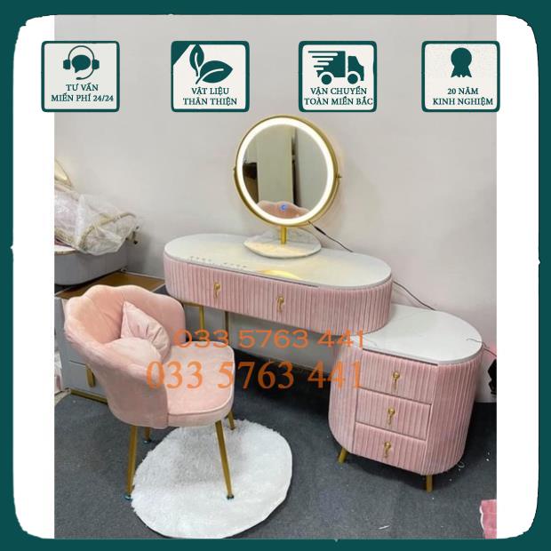Bàn trang điểm nỉ nhung xếp li mặt đá gương đèn led 3 màu siêu xinh