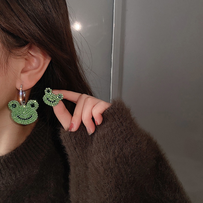 Bông Tai Mạ Bạc 925 Hình Con Ếch Đính Đá Phong Cách Retro Thời Trang